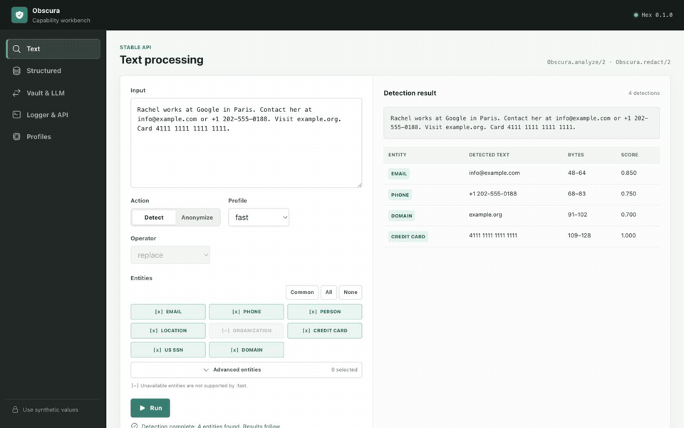 Short Obscura workflow showing detection, anonymization, and LLM
pseudonymization