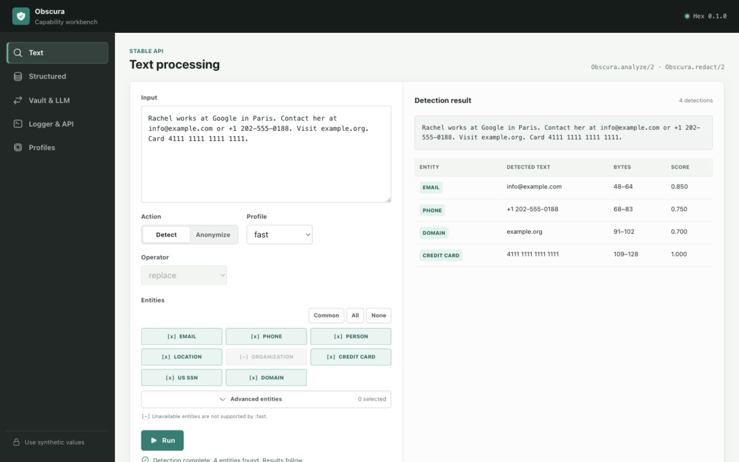 Obscura workbench detecting email, phone, domain, and credit-card entities
with the fast profile