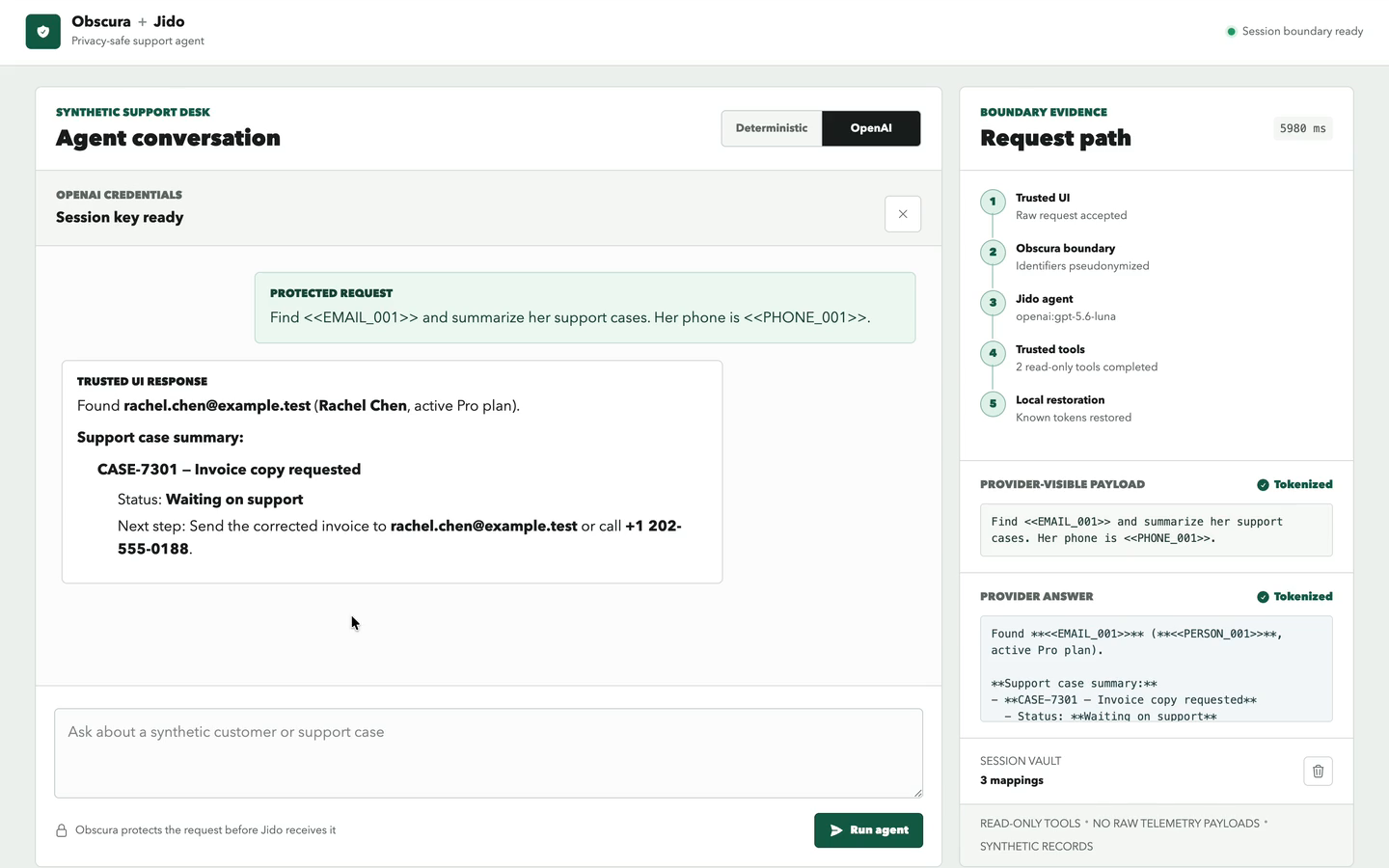A completed agent run showing a protected request and provider answer beside
a restored response in the trusted UI