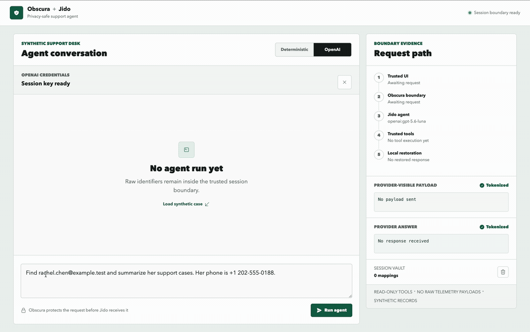 Animated demonstration of the raw request, protected provider payload,
trusted tool execution, and restored LiveView response